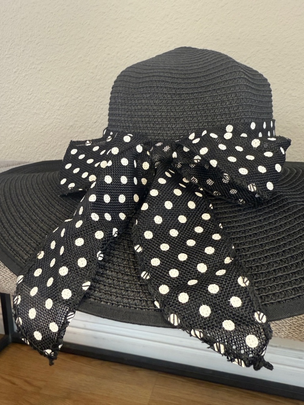 Black Wide-Brim Straw Sun Hat with Polka Dot Ribbon - Picture 3 of 16